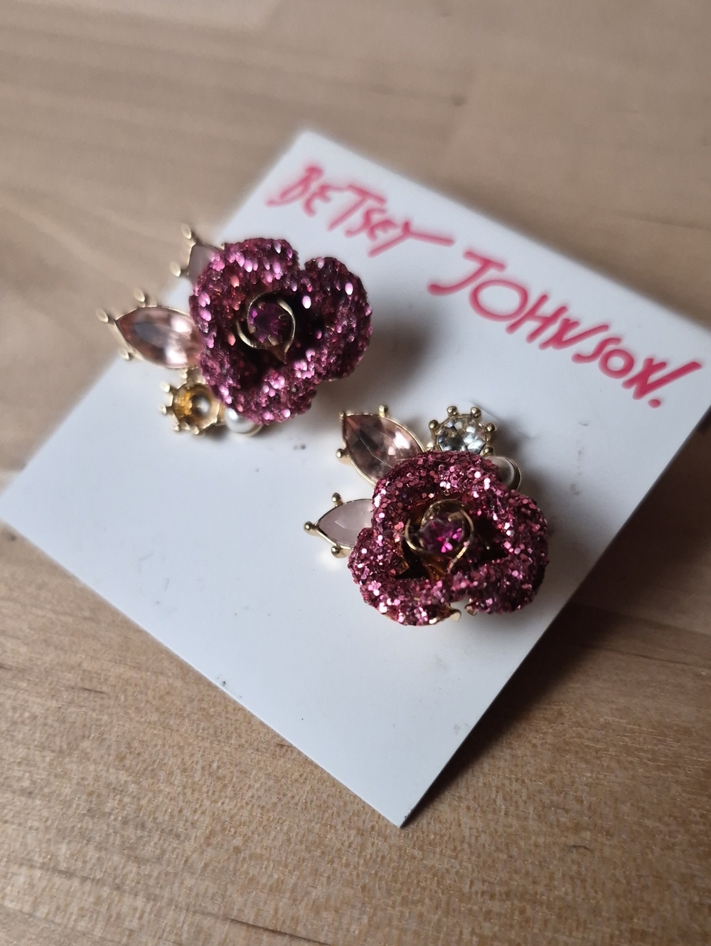 Betsey Johnson Glitter Pink Floral Stud Earrings with Gold Accents